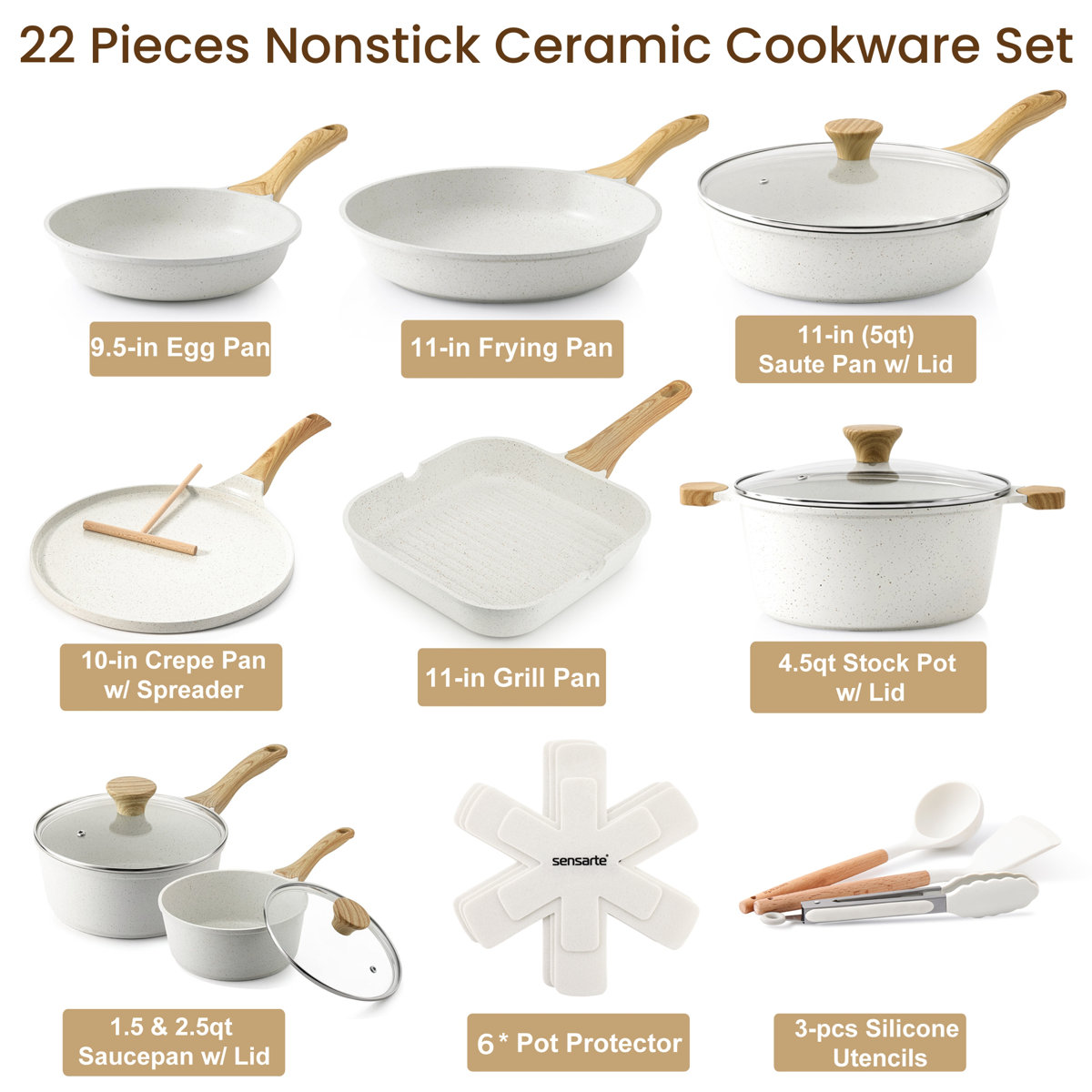 SENSARTE Nonstick Ceramic Cookware Set 22-Piece, Healthy Pots and Pans Set, Non-toxic Kitchen Cooking Set with Stay-Cool Handles, Silicone Utensils and Pot Protectors, PFAS & PFOA &PTFE Free